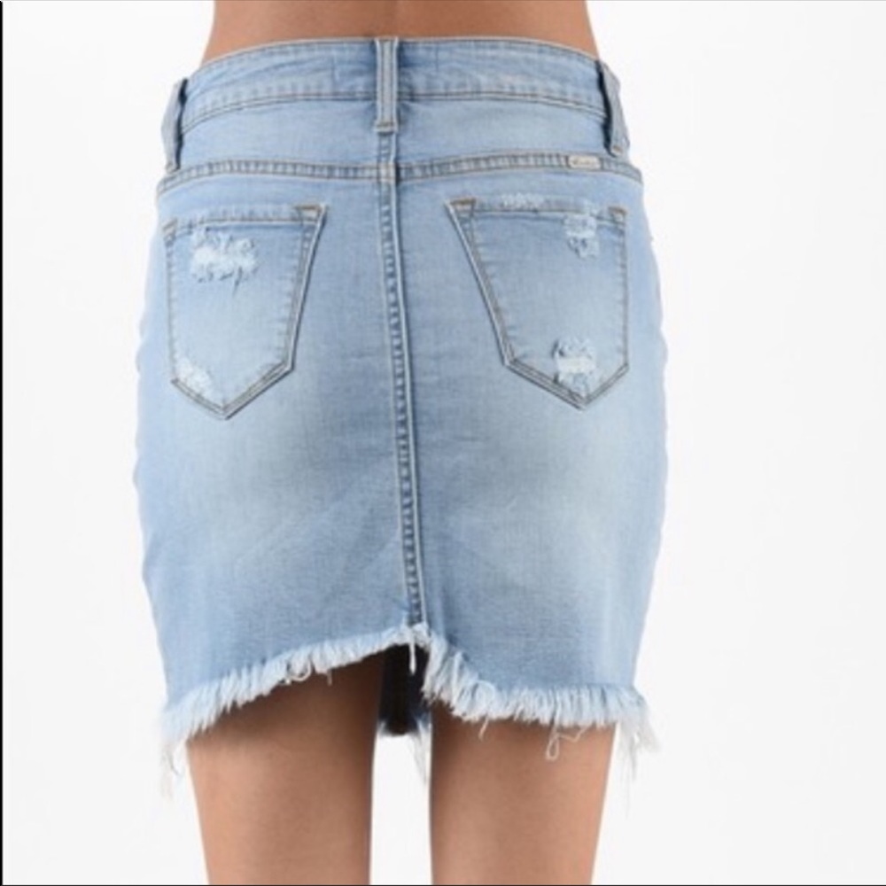 Light Wash Denim Fringe Mini Skirt - Picture 2 of 11